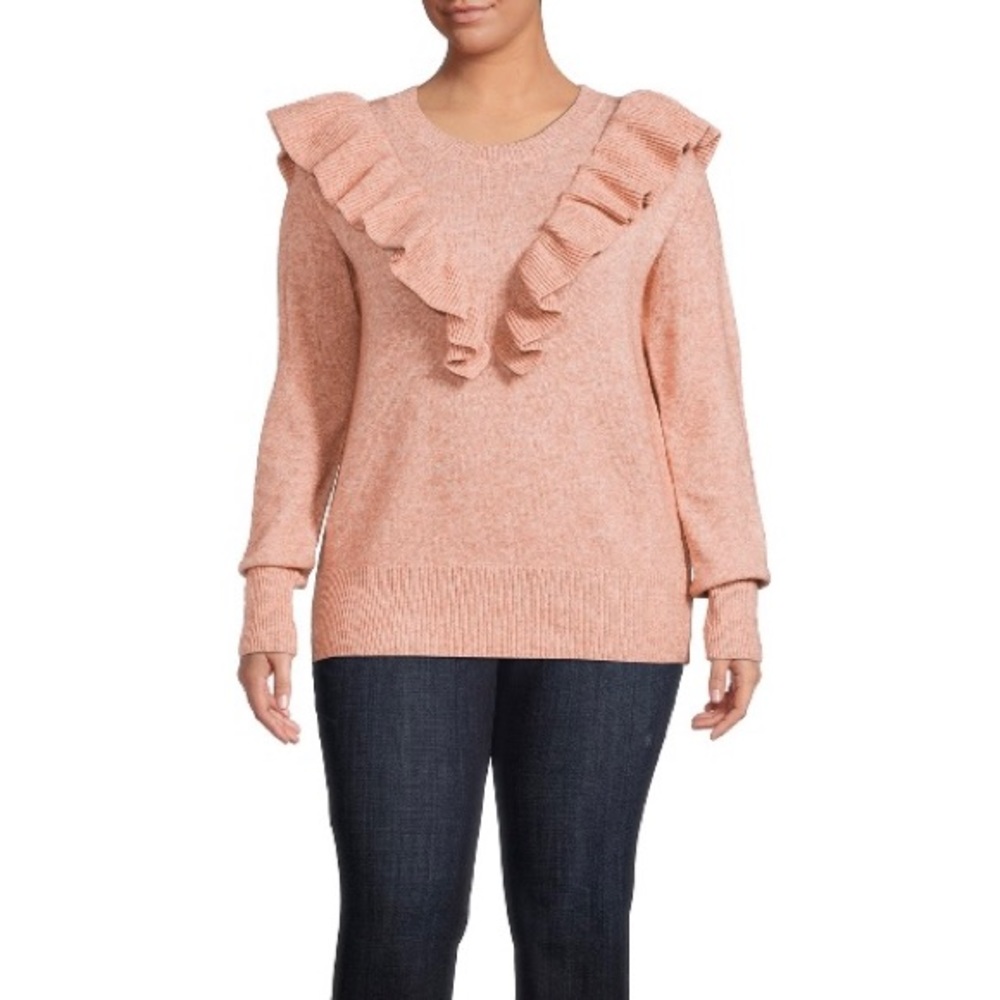 Dreamer’s By Debut Women’s Plus Size Ruffle Trim Pullover Sweater